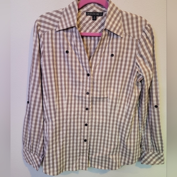 Lafayette 148 Taupe and Cream Plaid Gingham Button Down Blouse size 10 - Picture 1 of 9